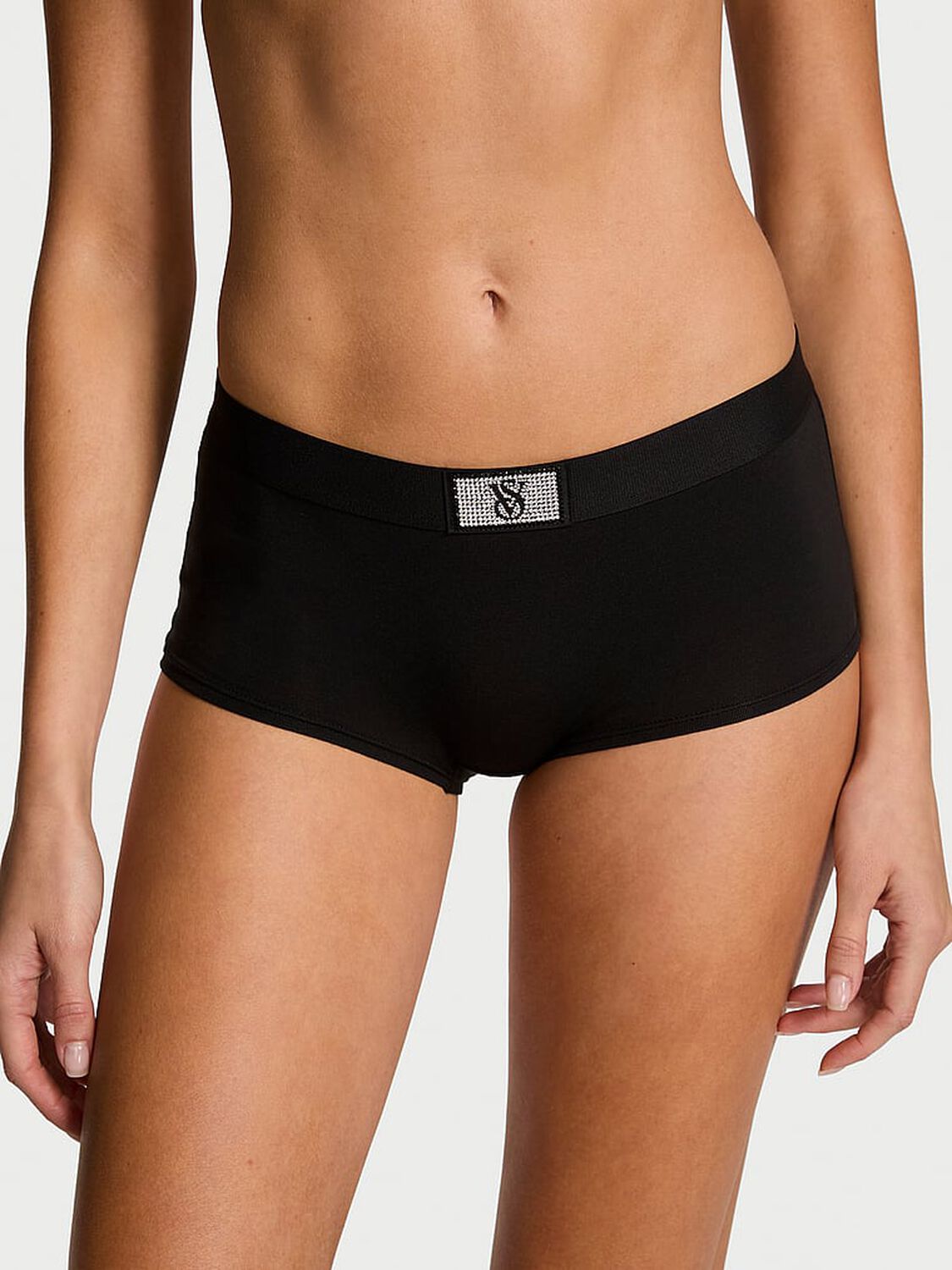 vs Cotton Logo Cotton Shine Patch Boyshort Panty Black 1 of 3 
