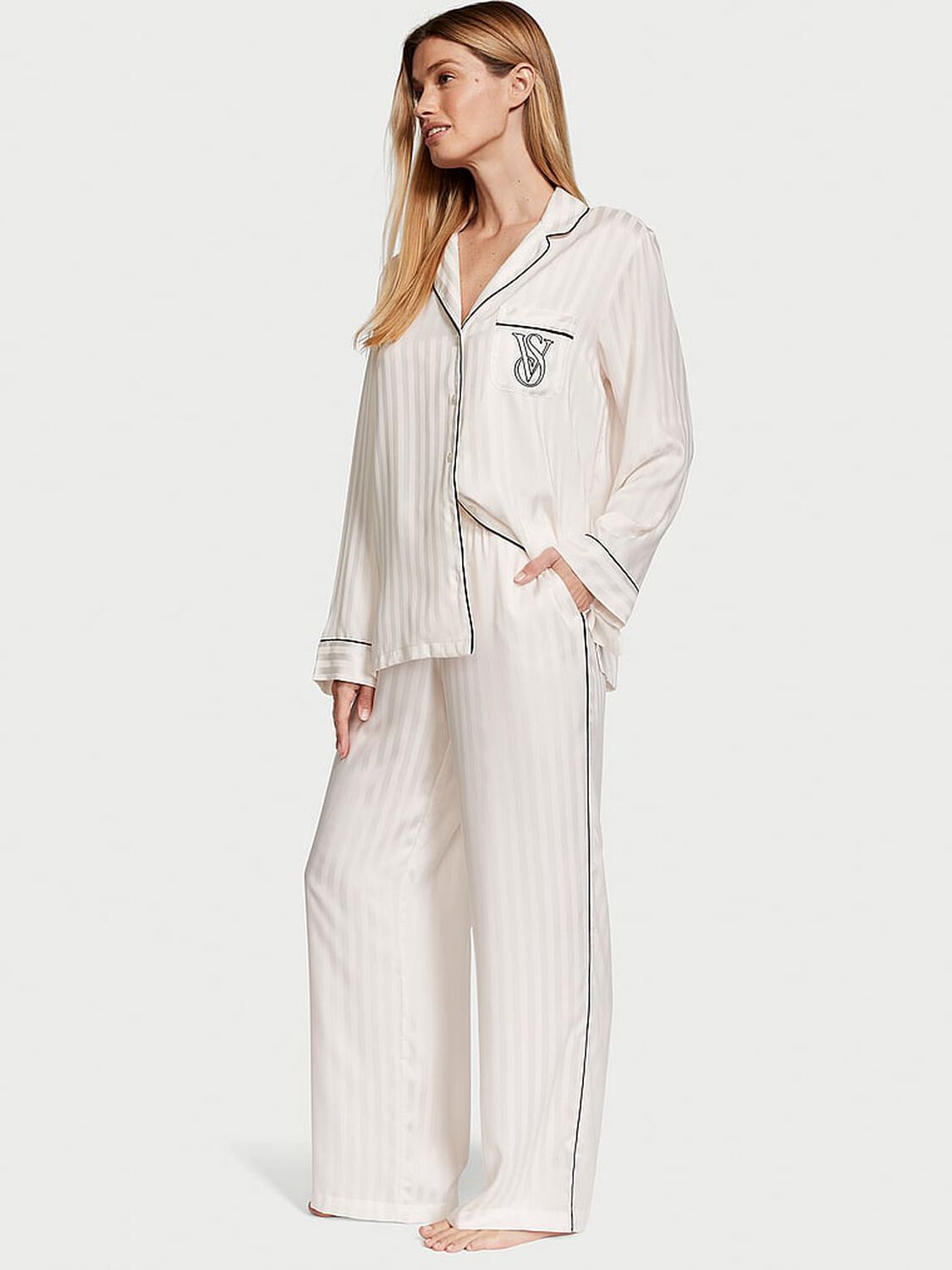 vs Victoria's Secret Satin Long Pajama Set Coconut White 1 of 3 