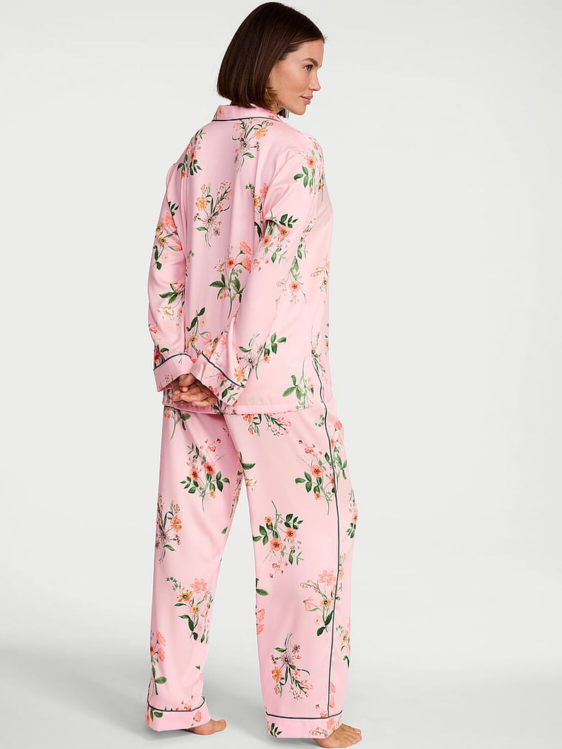 vs Victoria's Secret Signature Satin Long Pajama Set Angel Pink Botanical 2 of 4 