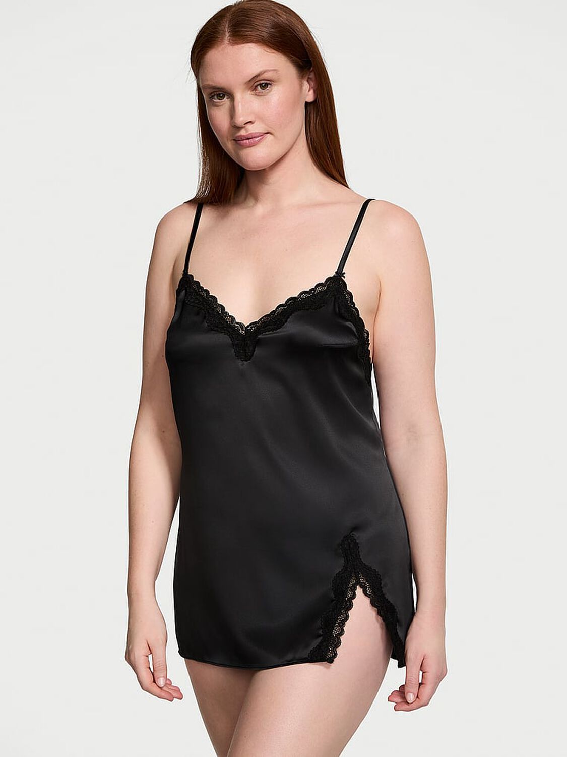 vs Victoria's Secret Tease Satin Lace-Trim Mini Slip Black 1 of 3 