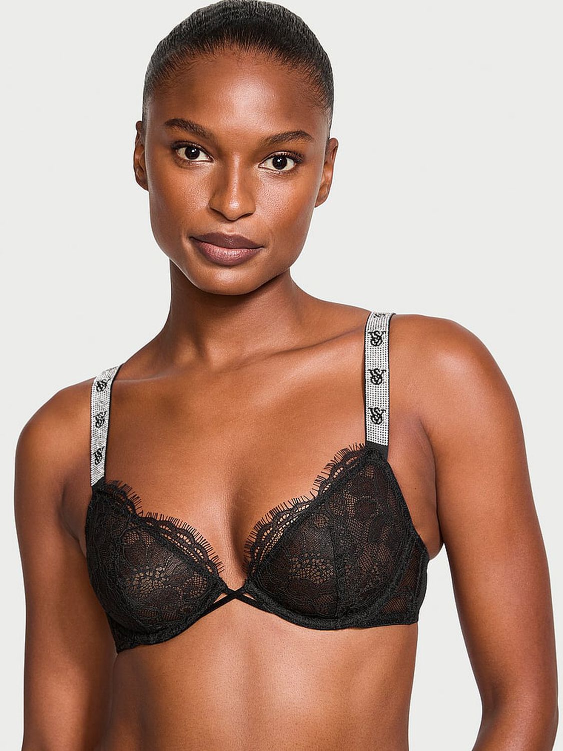vs Very Sexy Shine Strap Unlined Low-Cut Lace Demi Bra Black 1 of 3 