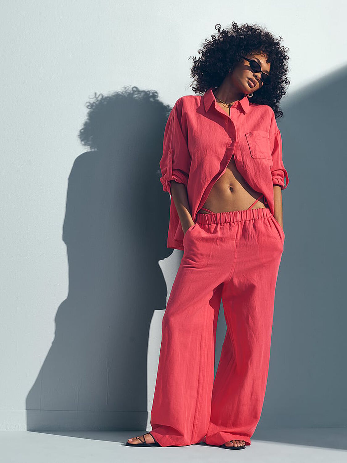 vs Victoria's Secret Swim Beachwear Linen Boxy Long-Sleeve Shirt Poppy 3 of 3 