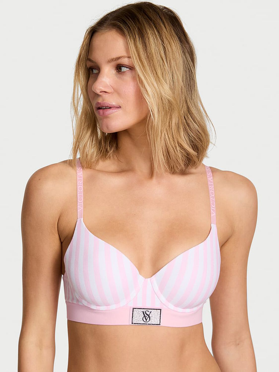 vs The T-Shirt Shine Patch Lightly Lined Demi Bra Pink Stripes 1 of 2 