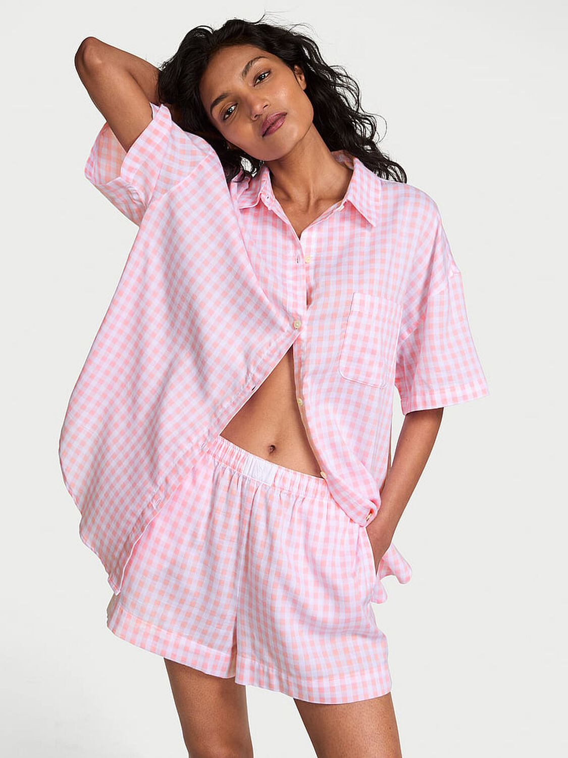 vs Victoria's Secret Modal-Cotton Gingham Short Pajama Set Pink Gingham 1 of 3 