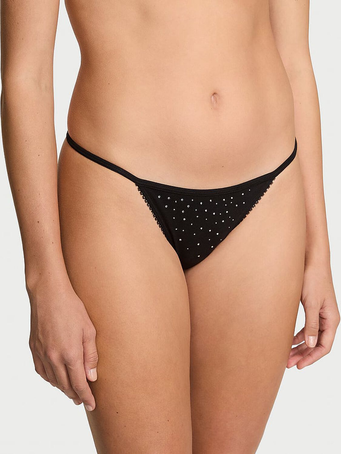 vs Victoria's Secret Stretch Cotton Sparkle V-String Panty Black 1 of 2 