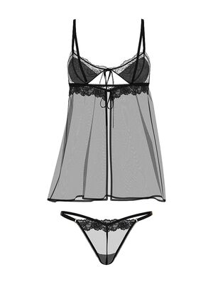 Sheer Rose Lace Triangle Babydoll Set