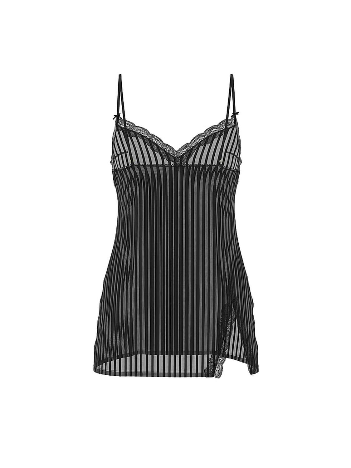 vs Victoria's Secret Tease Sheer Stripe Lace-Trim Mini Slip Dress Black 3 of 4 