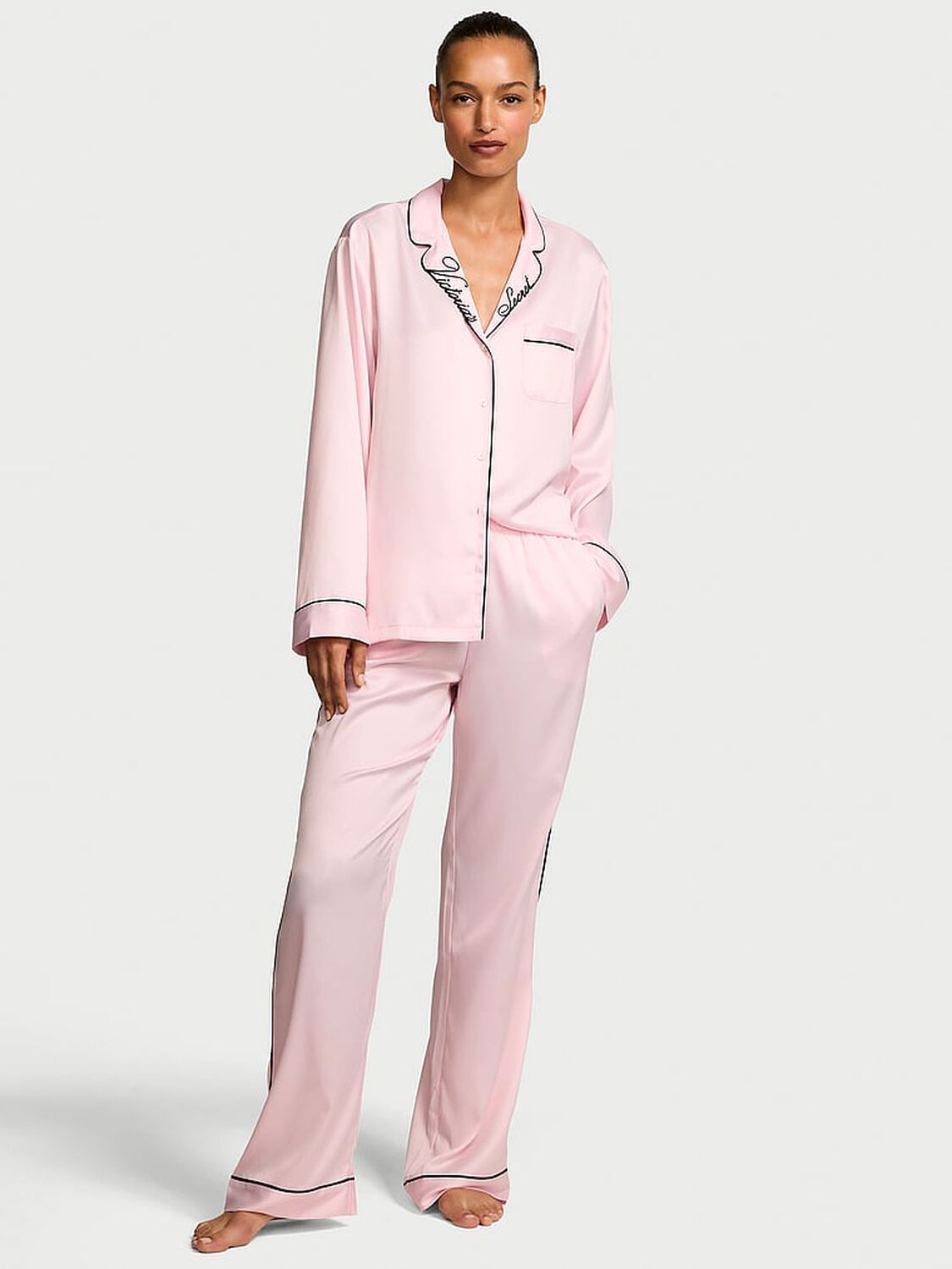 vs Victoria's Secret Glazed Satin Long Pajama Set Angel Pink W Collar Embroidery 5 of 5 