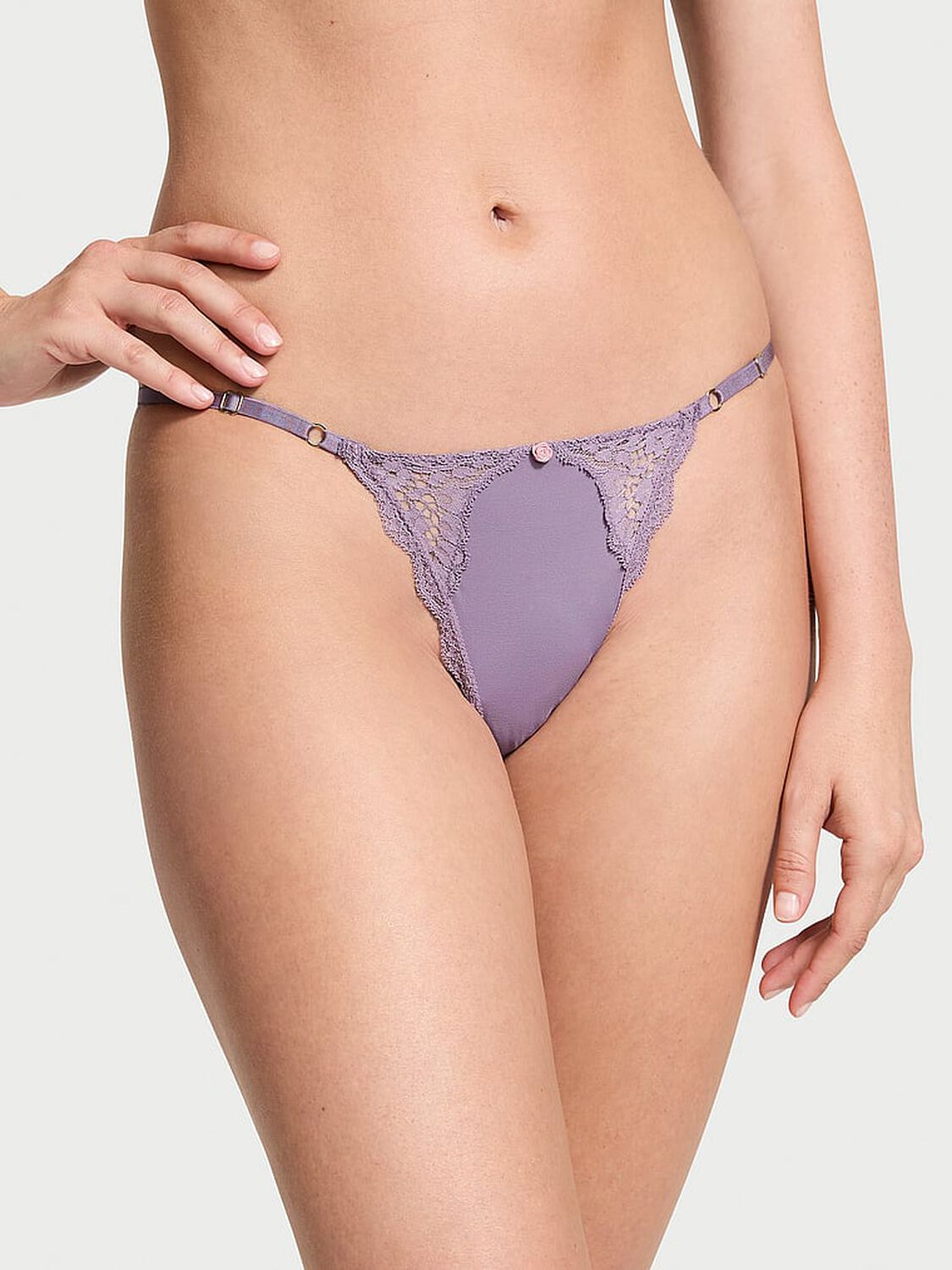 vs Dream Angels Lace-Trim Adjustable V-String Panty Frozen Plum 1 of 4 