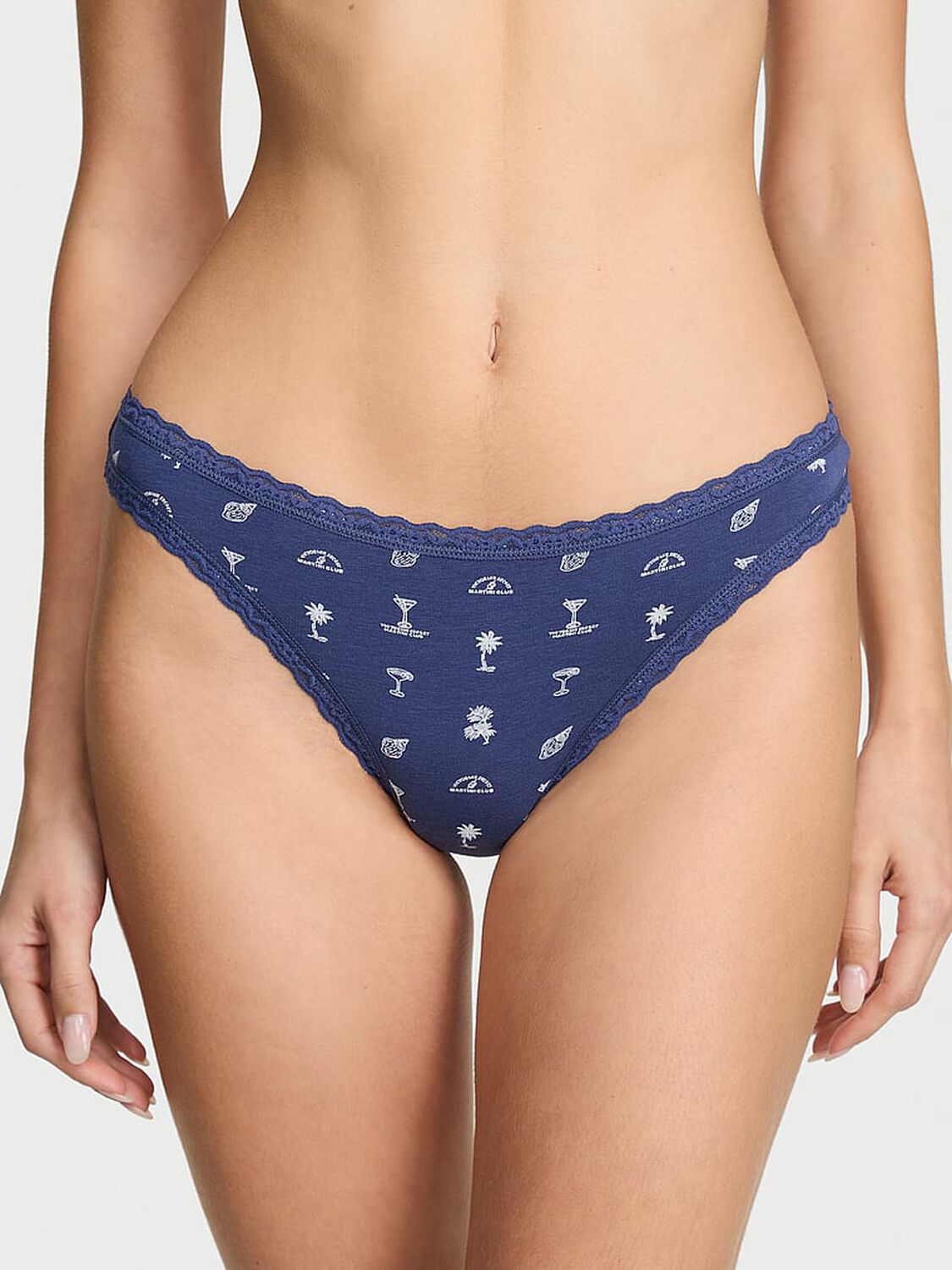 vs Lace Trim Cotton Lace-Waist Thong Ink Blue Martini Club 1 of 3 