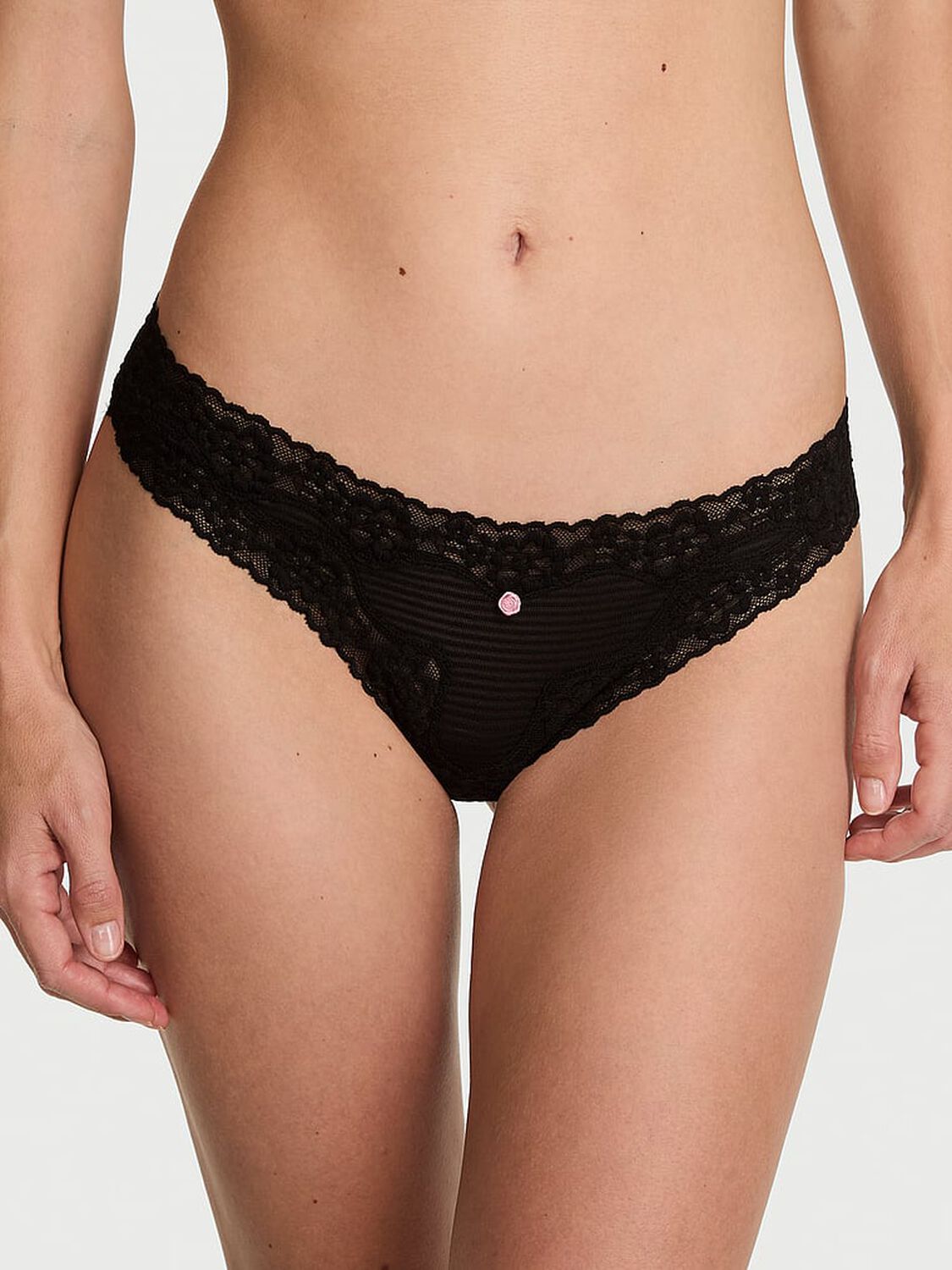 vs The Lacie Cotton Shadow Stripe Lace-Waist Thong Panty Black 2 of 2 