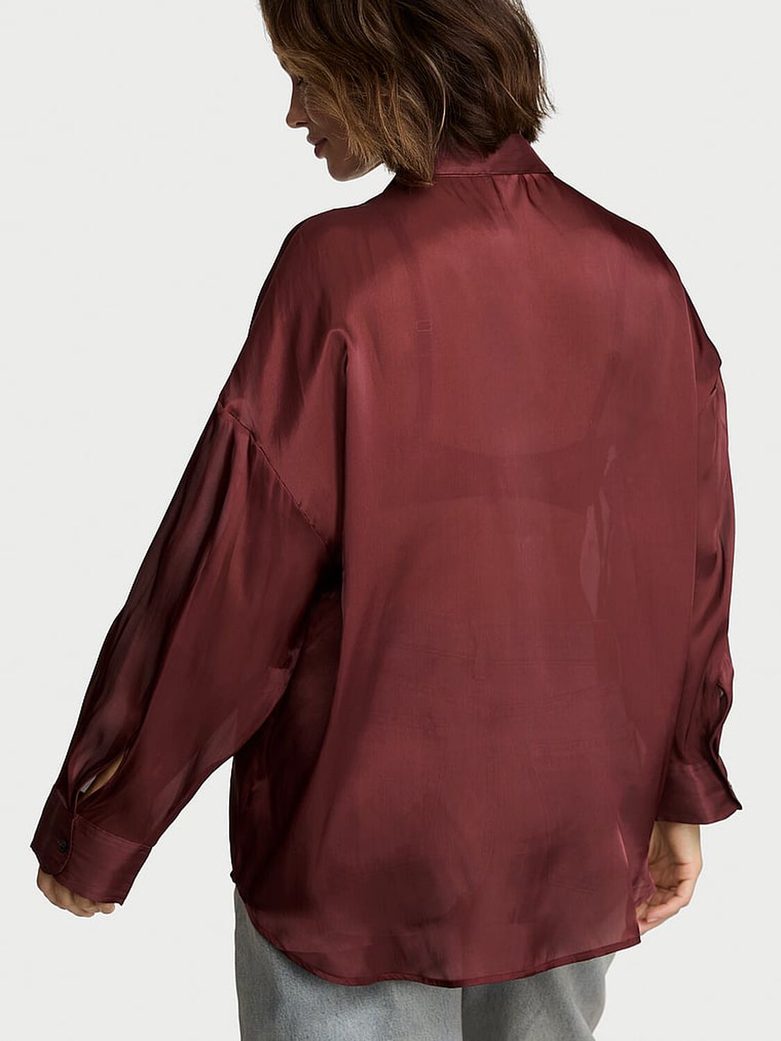 vs Victoria's Secret Luxe Sheer Satin Button-Front Shirt Cherrywood 2 of 4 