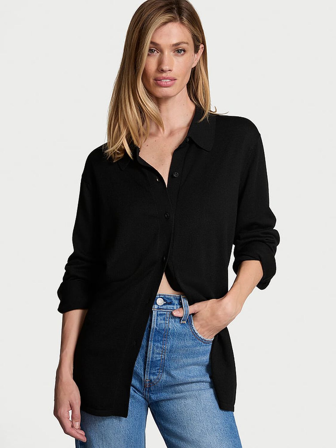 vs Victoria's Secret Luxe Crème Knit Button-Up Shirt Black 1 of 4 