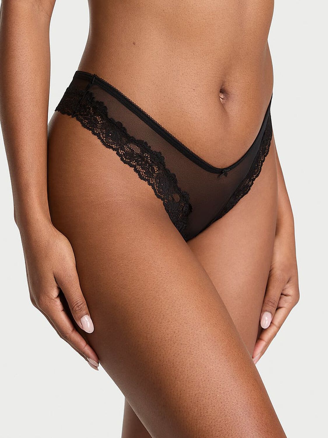 vs Very Sexy Mesh Lace-Trim High-Leg Thong Panty Black 1 of 2 