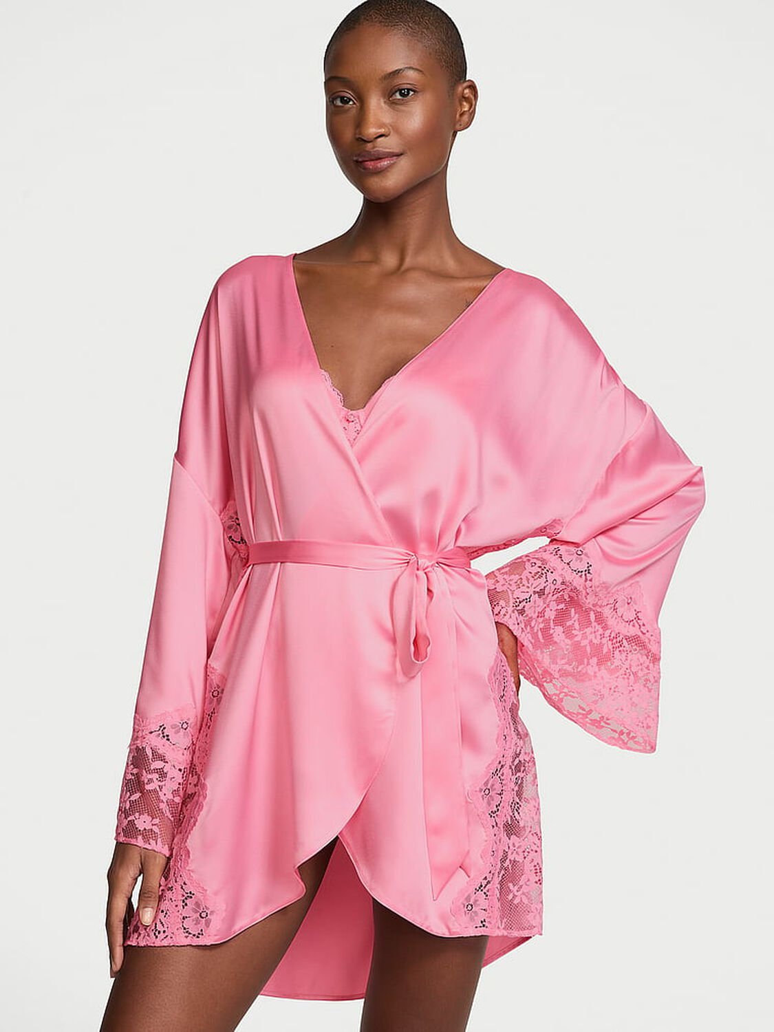 vs Victoria's Secret Victoria's Secret Dream Satin & Lace Trim Robe Pink Hope 1 of 4 