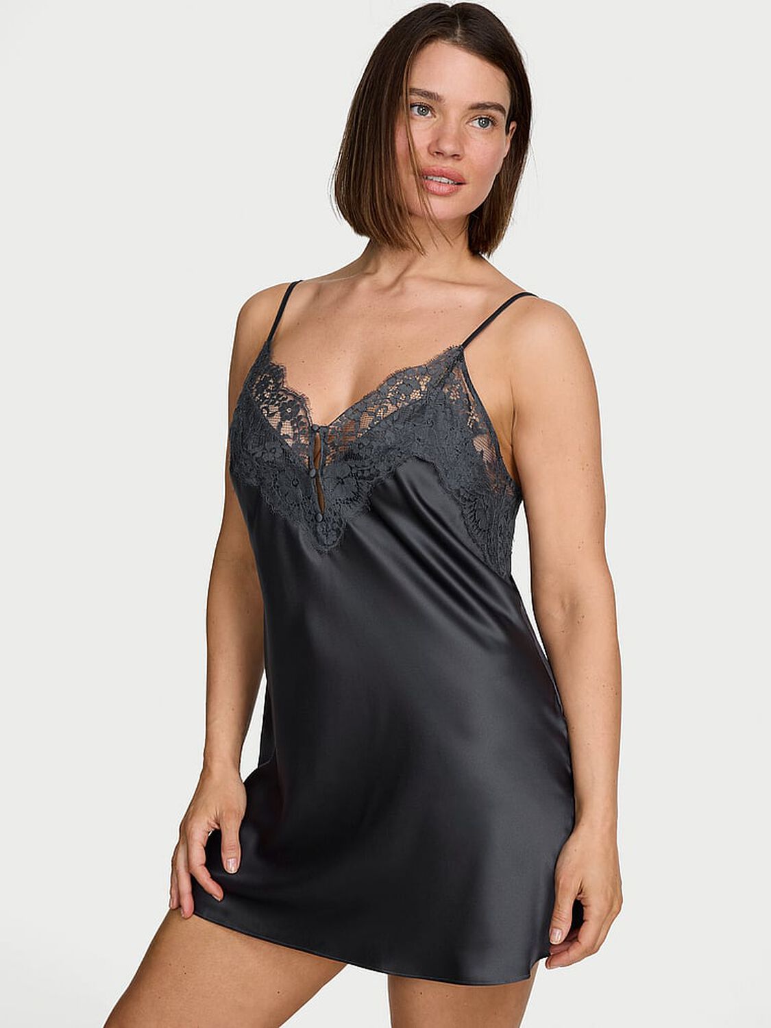 vs Dream Angels Satin Lace-Trim Short Slip Dress Classic Dark Smoke 1 of 2 