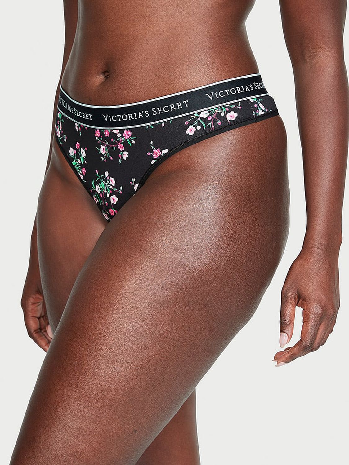 vs Cotton Logo Cotton Thong Panty Black Cherry Blossoms 1 of 3 