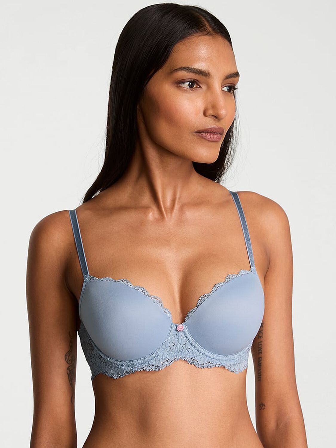 vs Dream Angels Smooth & Lace Lightly Lined Demi Bra Blue Grey 1 of 3 