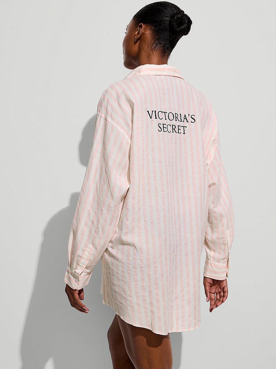 vs Victoria's Secret Swim Iconic Stripe Linen Boyfriend Shirt Dress Pink Iconic Stripe 2 of 3 