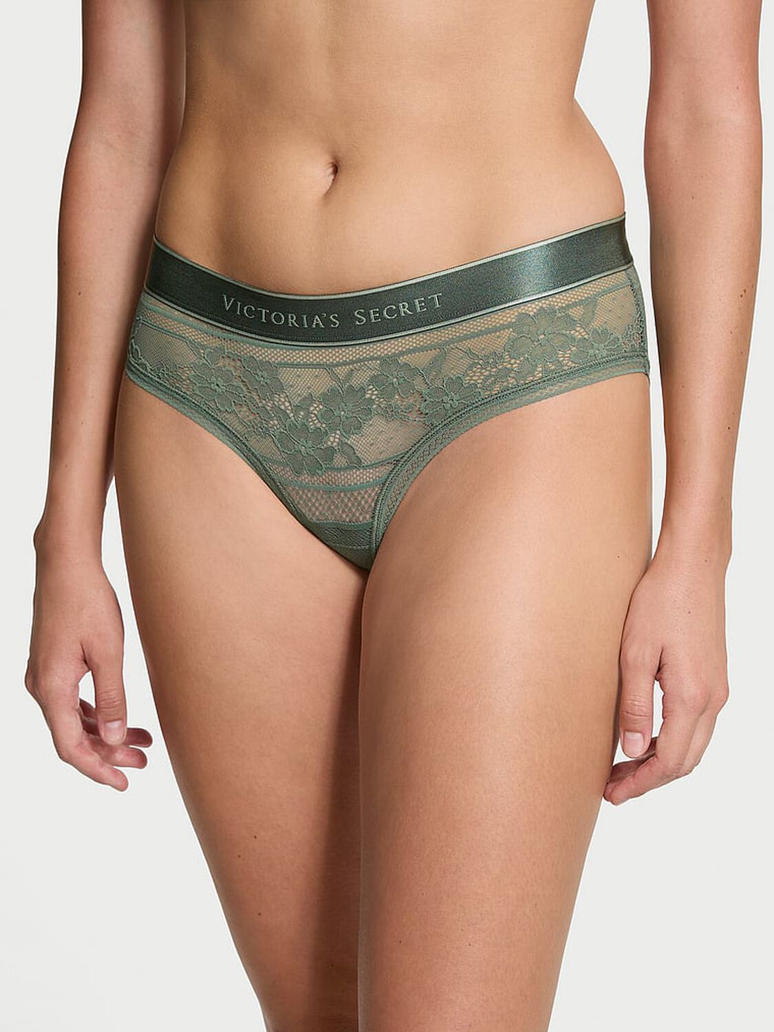vs Cotton Logo Lace Hiphugger Panty Faded Sage 1 of 3 