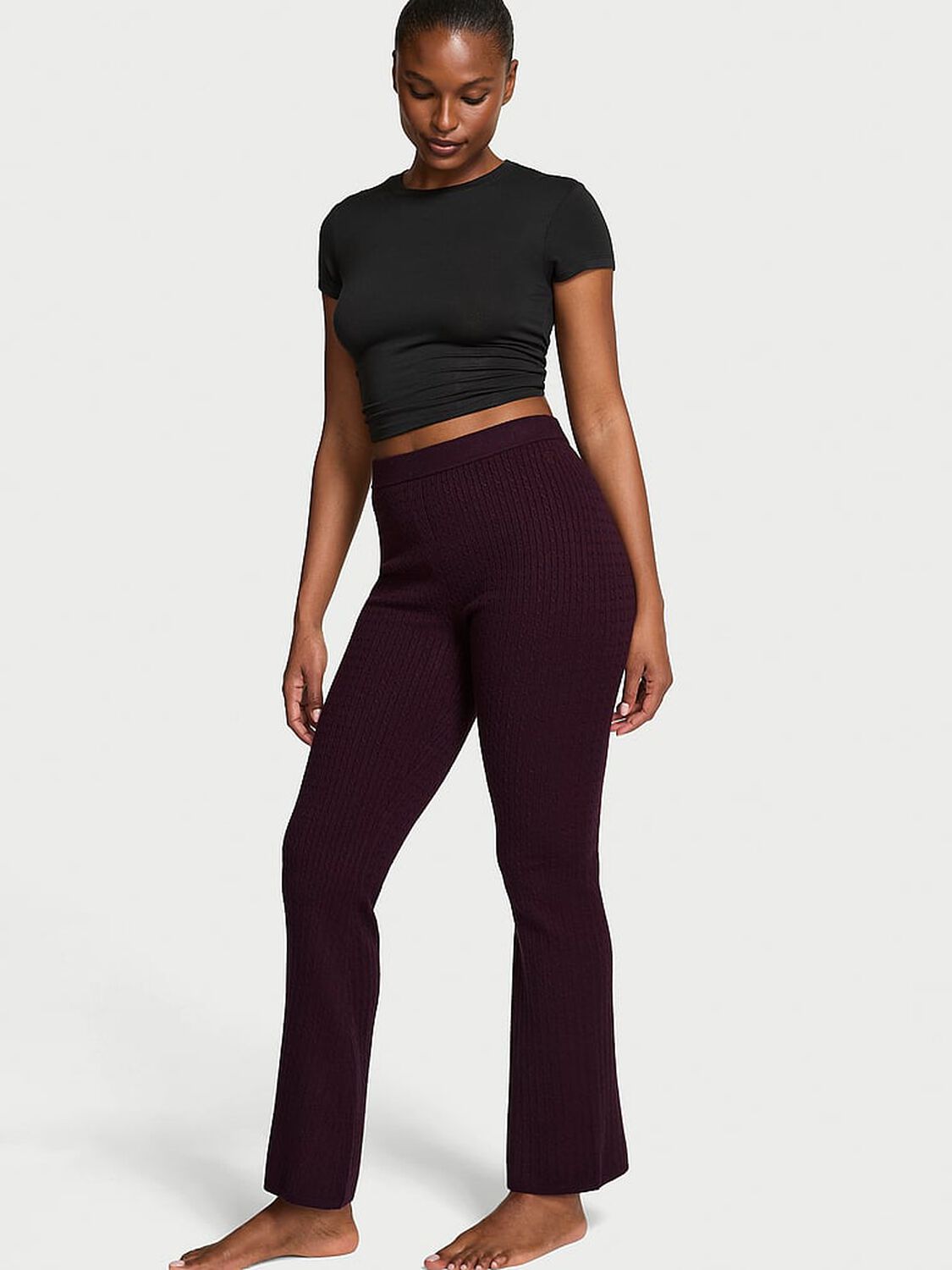 vs Victoria's Secret Luxe Cable-Knit Flare Lounge Pants Winter Wine 1 of 2 