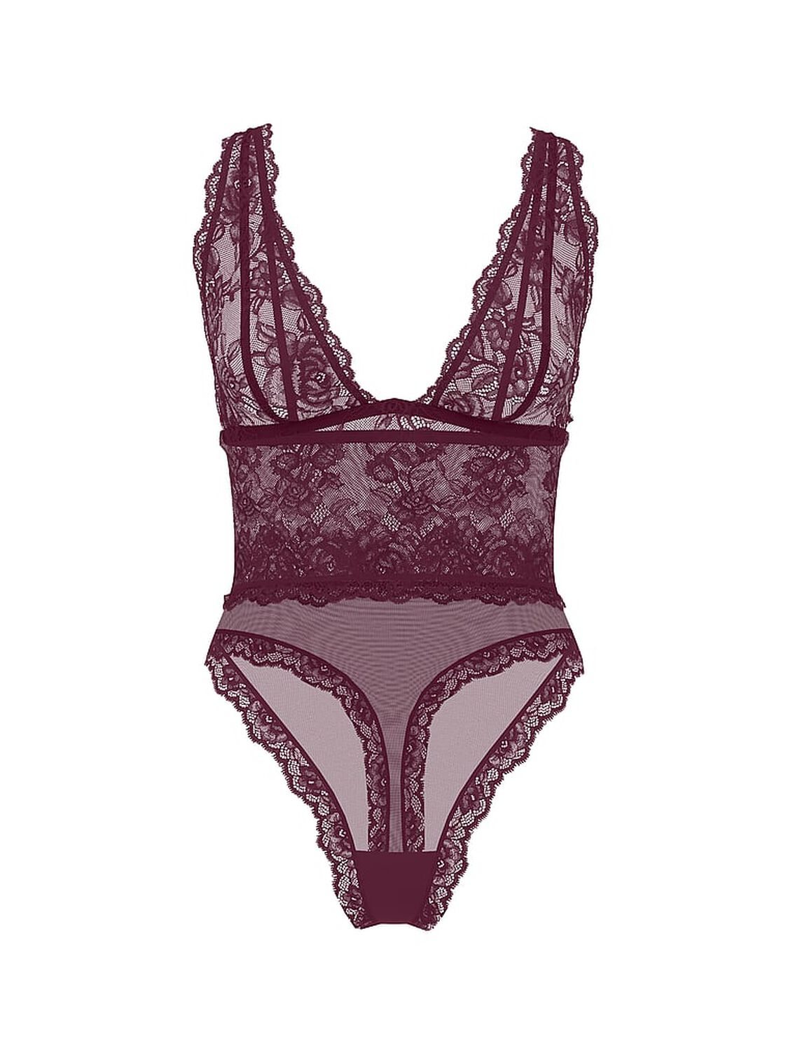 vs Very Sexy Sheer Rose Plunge Bodysuit Winter Wine 3 of 3 