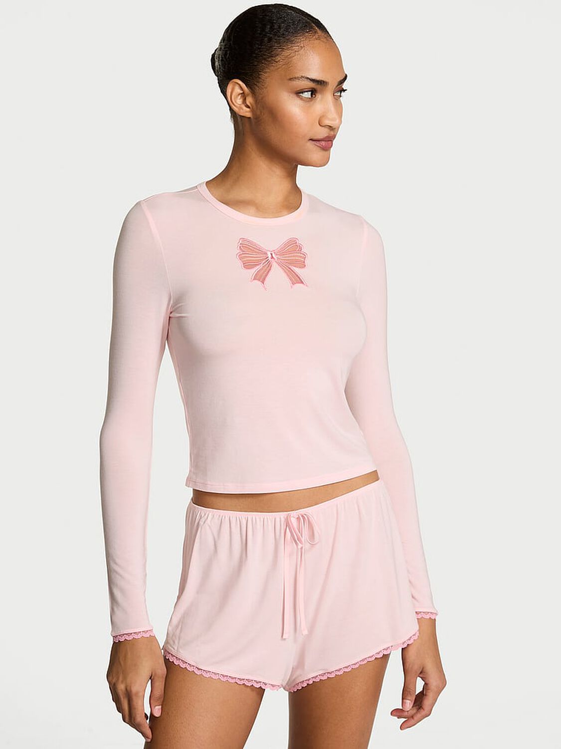 vs Victoria's Secret SoSoft&trade; Modal Bow Long-Sleeve Tee & Short Set Angel Pink 1 of 3 