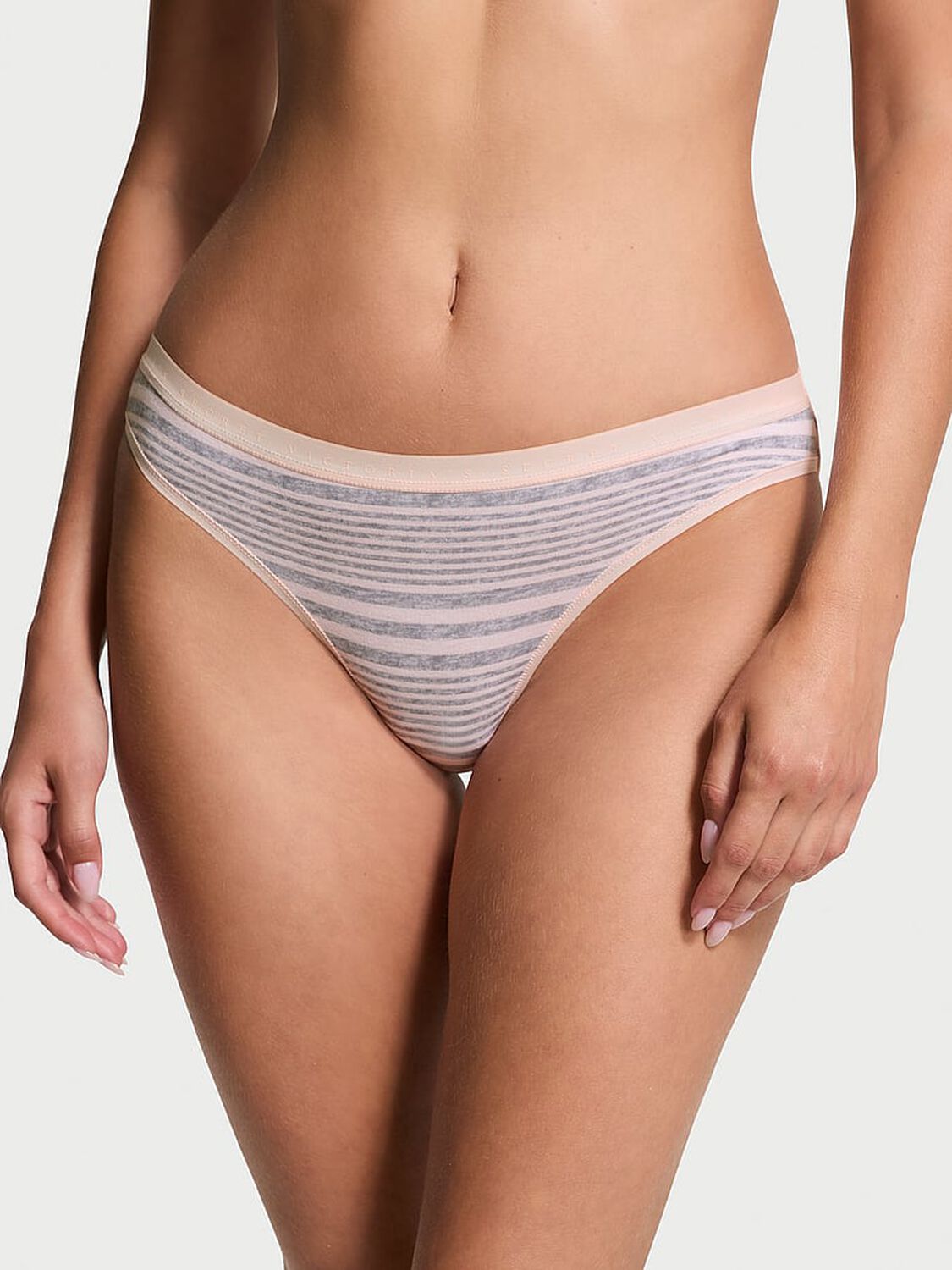 vs Victoria's Secret Stretch Cotton Bikini Panty Pink & Grey Stripes 1 of 3 
