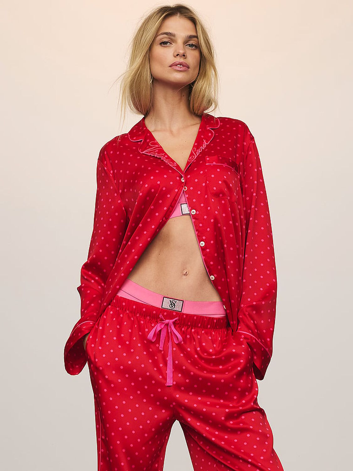 vs Victoria's Secret Glazed Satin Long Pajama Set Lipstick Dot 3 of 7 