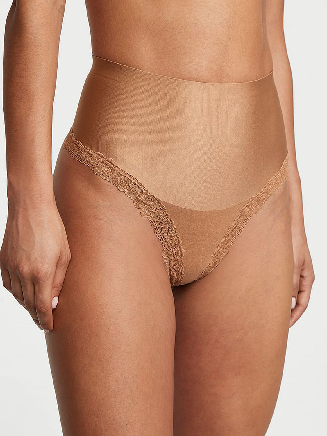 vs Body By Victoria Smoothing Shimmer Lace-Trim Thong Panty Toffee 1 of 3 