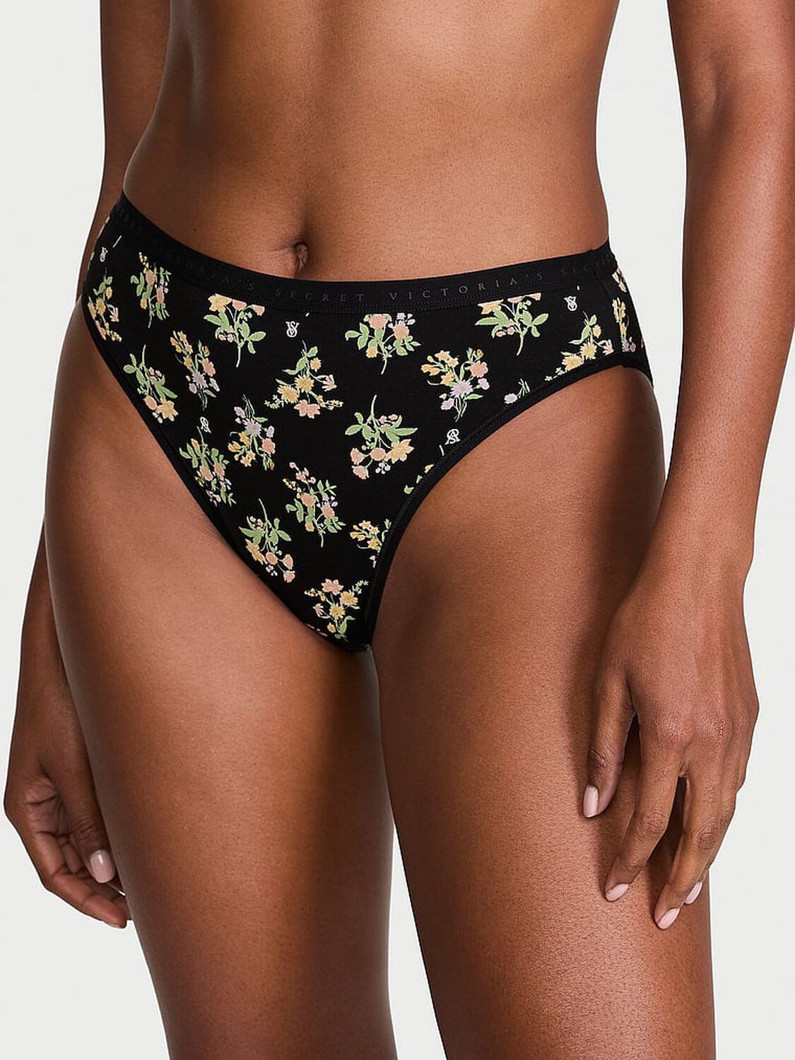 vs Victoria's Secret Stretch Cotton High-Leg Brief Panty Black Floral Bouquet 1 of 2 