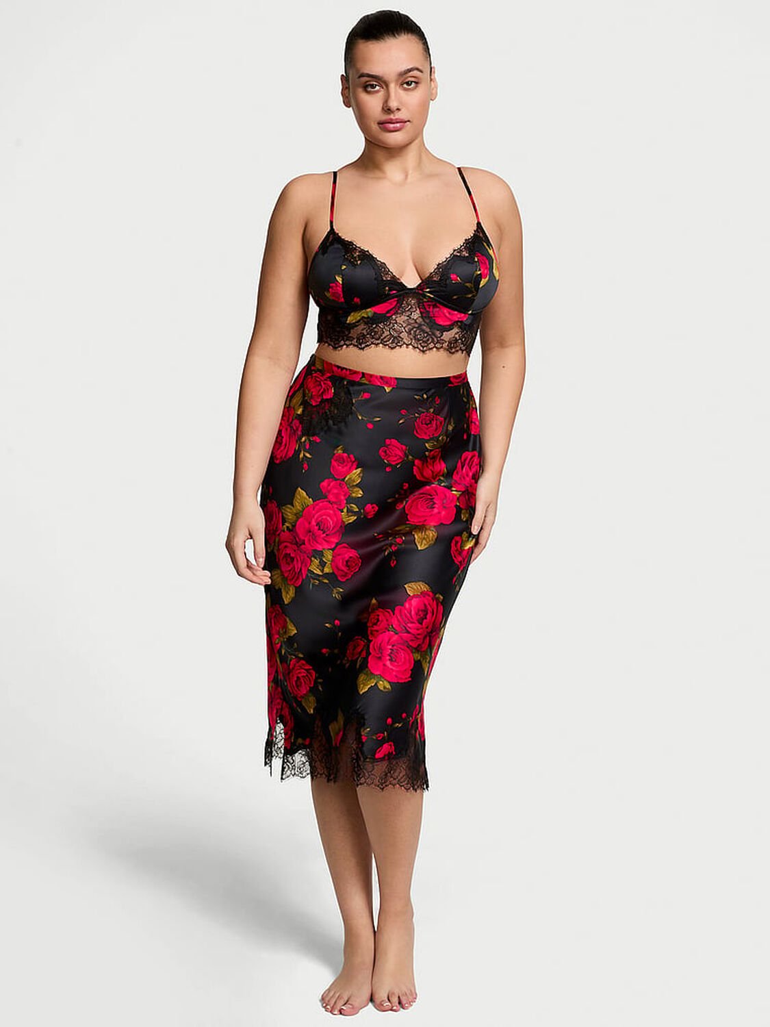 vs Victoria's Secret Satin Rose Lace-Trim Bralette & Midi Skirt Set Glamorous Rose 1 of 3 