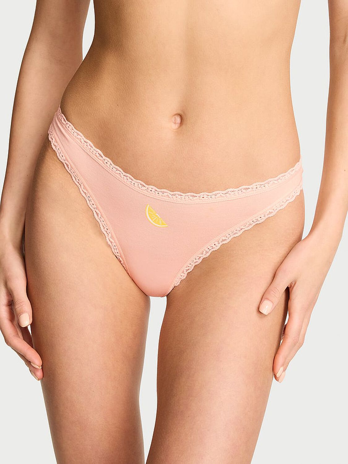 vs Lace Trim Cotton Lace-Waist Thong Pink Gin 1 of 3 
