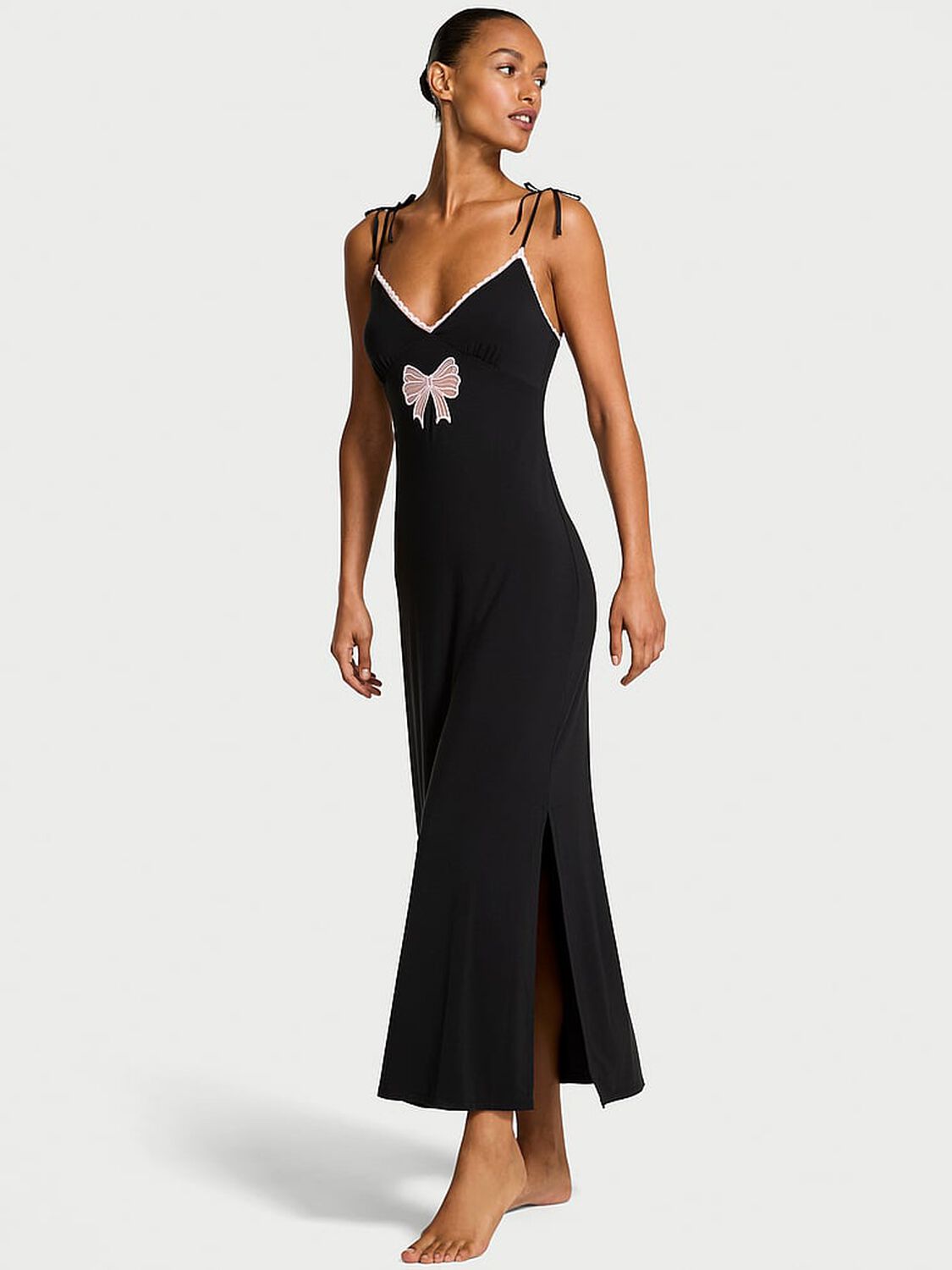 vs Victoria's Secret Modal Lace-Trim Bow Maxi Slip Dress Black 1 of 2 
