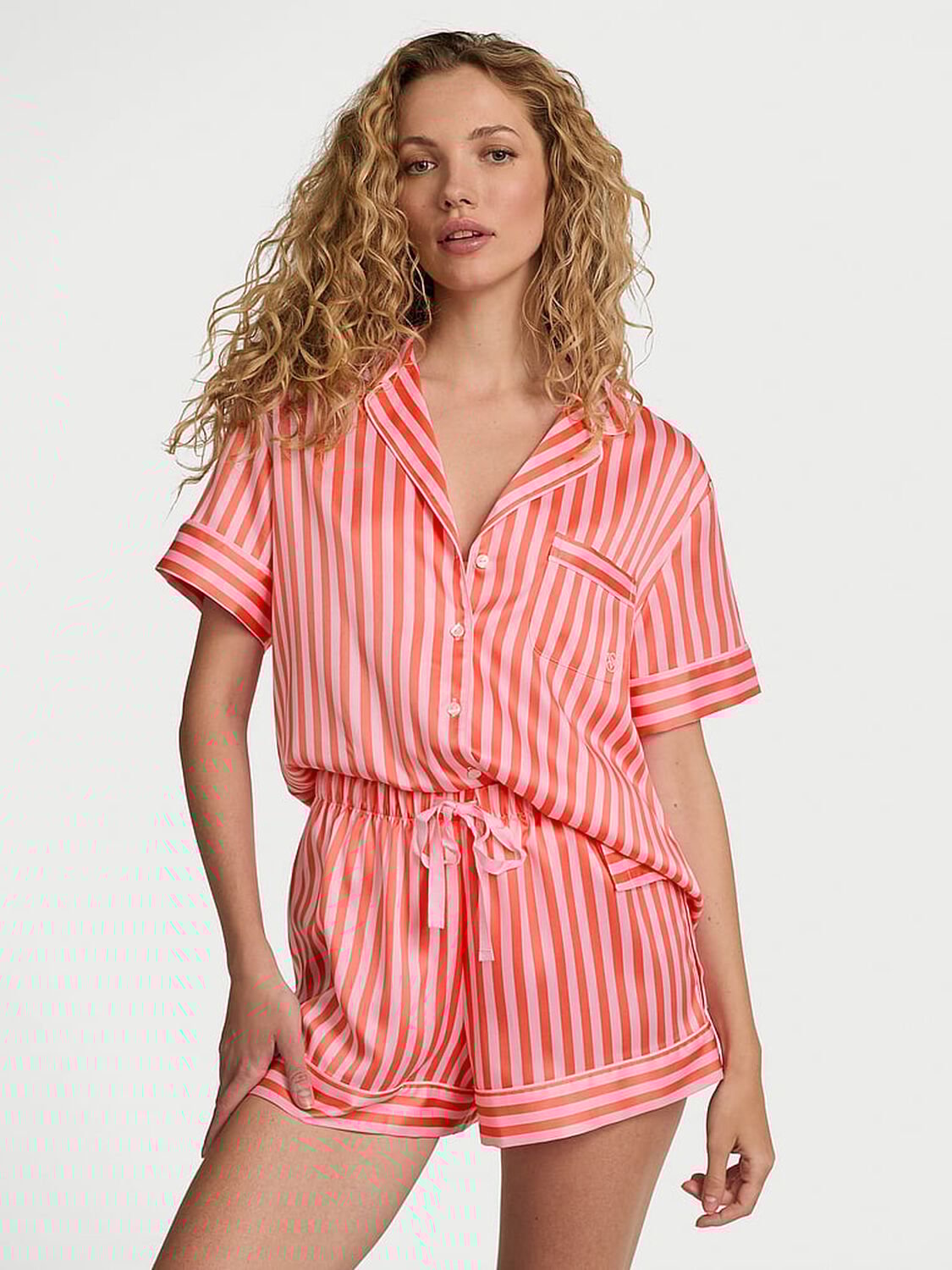 vs Victoria's Secret Glazed Satin Short Pajama Set Pretty Blossom Stripes 4 of 4 