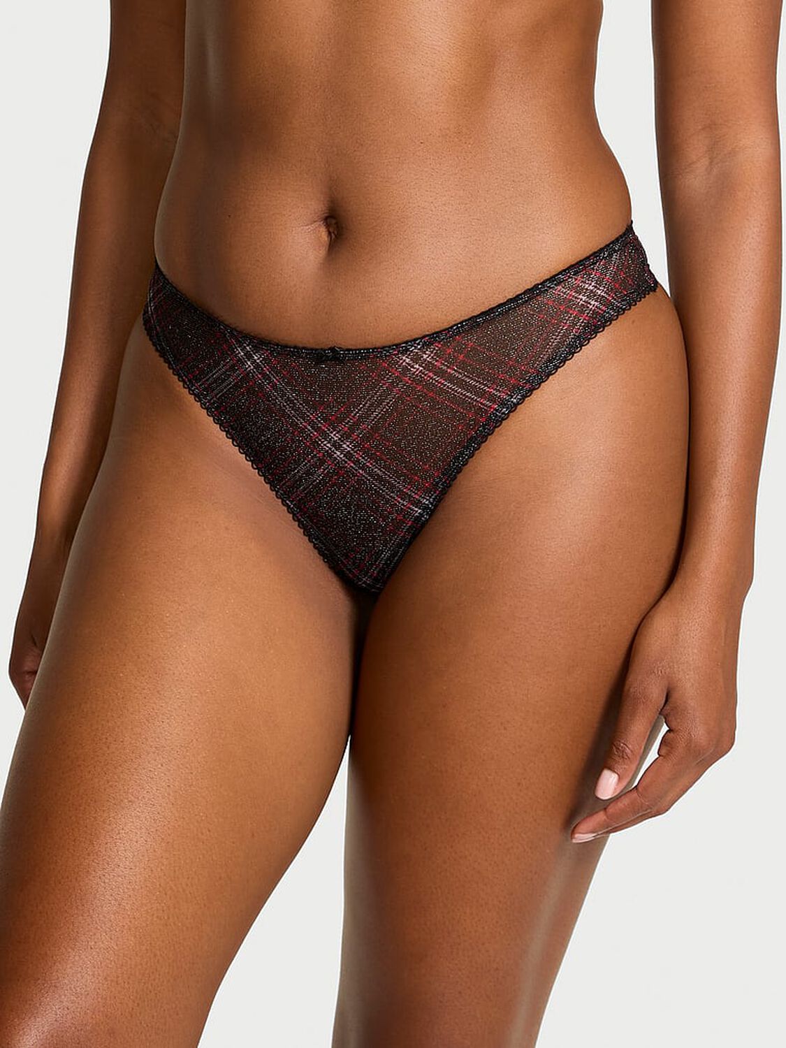 vs The Lacie Shimmer Mesh Thong Panty Black Plaid 1 of 2 