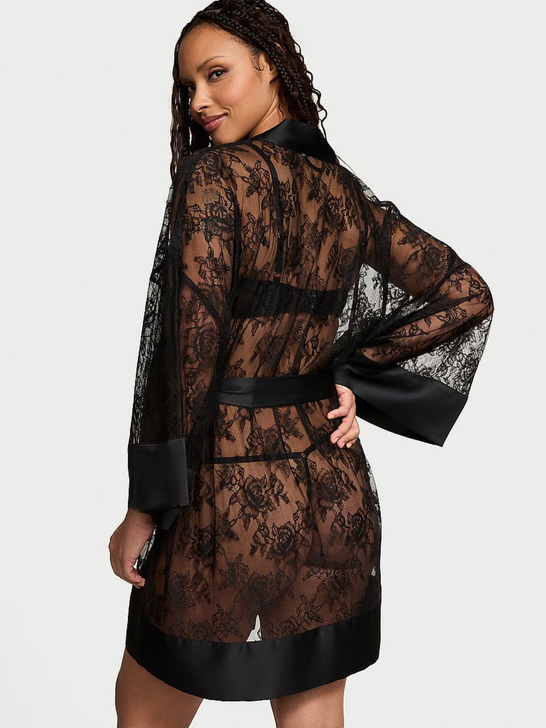 vs Victoria's Secret Rose Lace Satin-Trim Short Robe Jet Black 2 of 4 