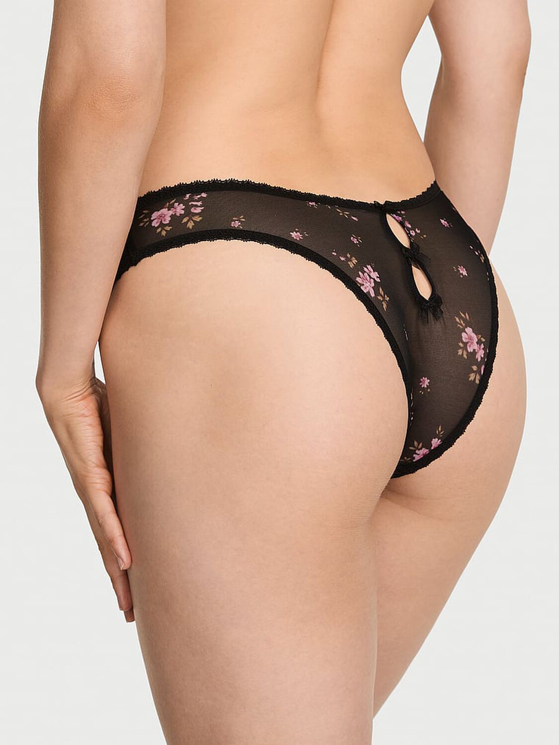 vs Dream Angels Sheer Lace-Trim Brazilian Panty Black Floral 2 of 3 