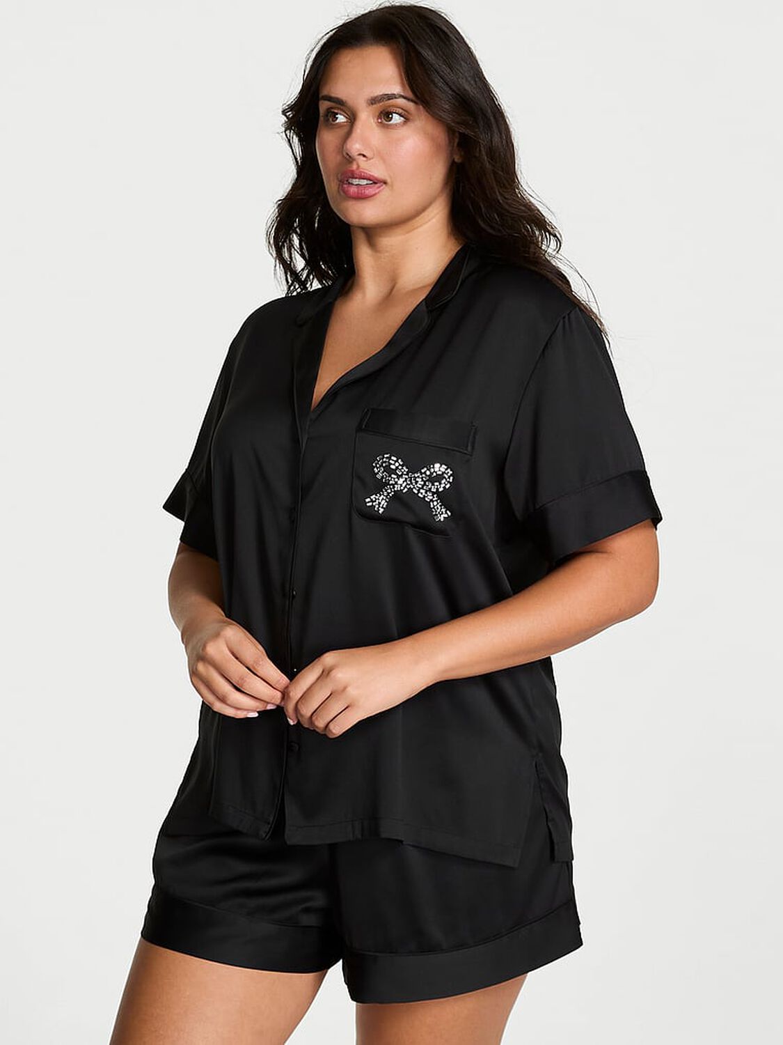 vs Victoria's Secret Glazed Satin Short Pajama Set Black W Diamante Pocket Bow 1 of 4 