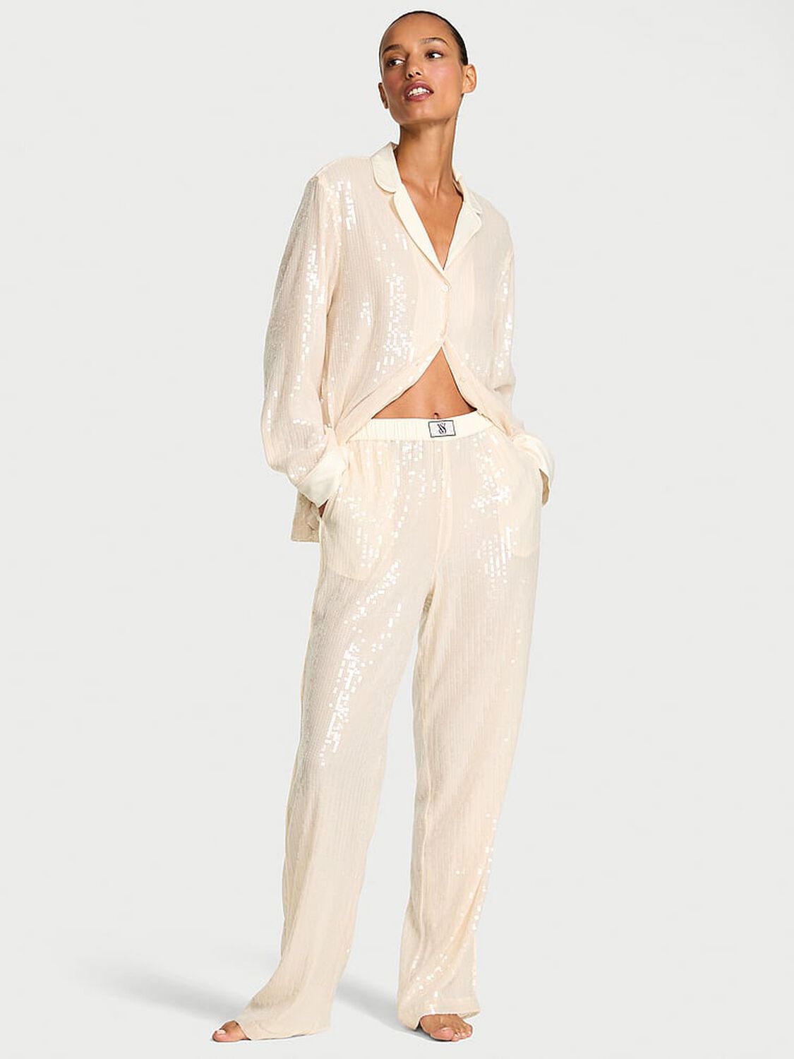 vs Victoria's Secret Sequin Shine Long Pajama Set Champagne Signature Slip Sequin 1 of 3 