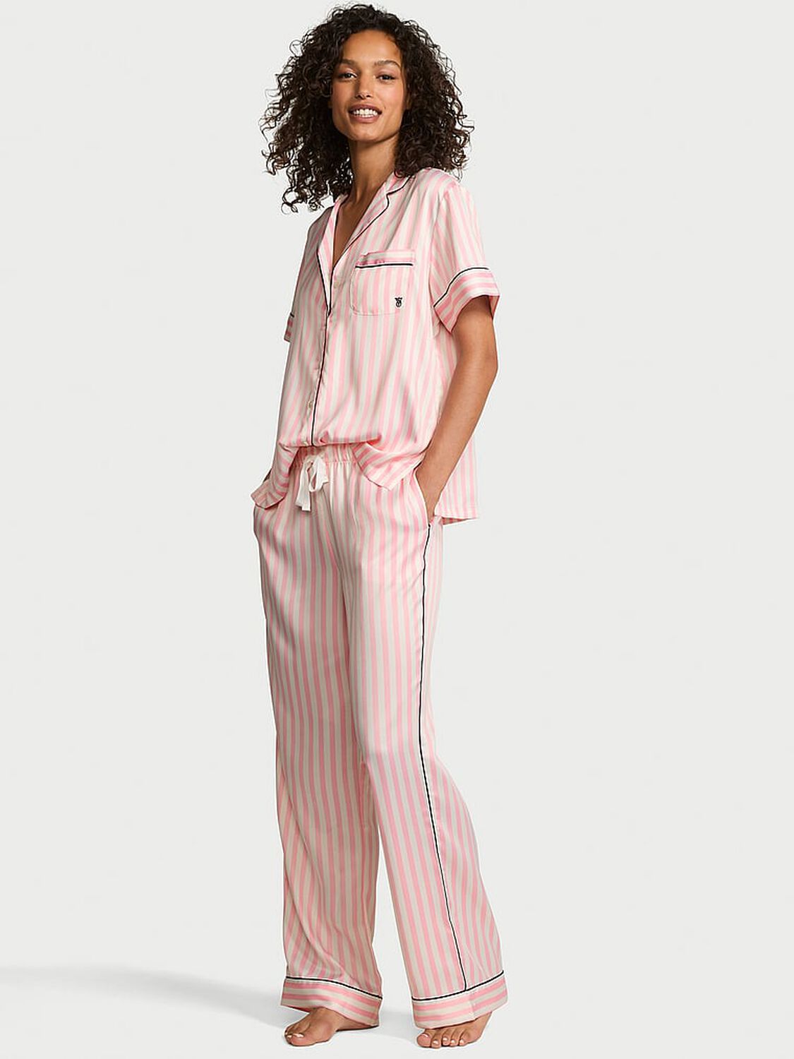 vs Victoria's Secret Glazed Satin Short-Sleeve Long Pajama Set New Pink Iconic Stripe 1 of 3 