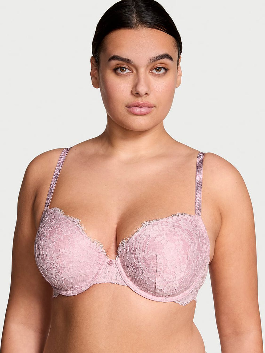 vs Dream Angels Twinkle Strap Lace Classic-Coverage Demi Bra Chalk Rose 1 of 4 