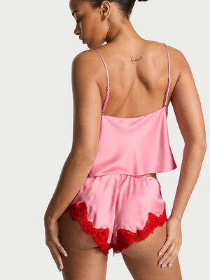 Satin Lace-Trim Flyaway Cami & Flutter Shorts Set