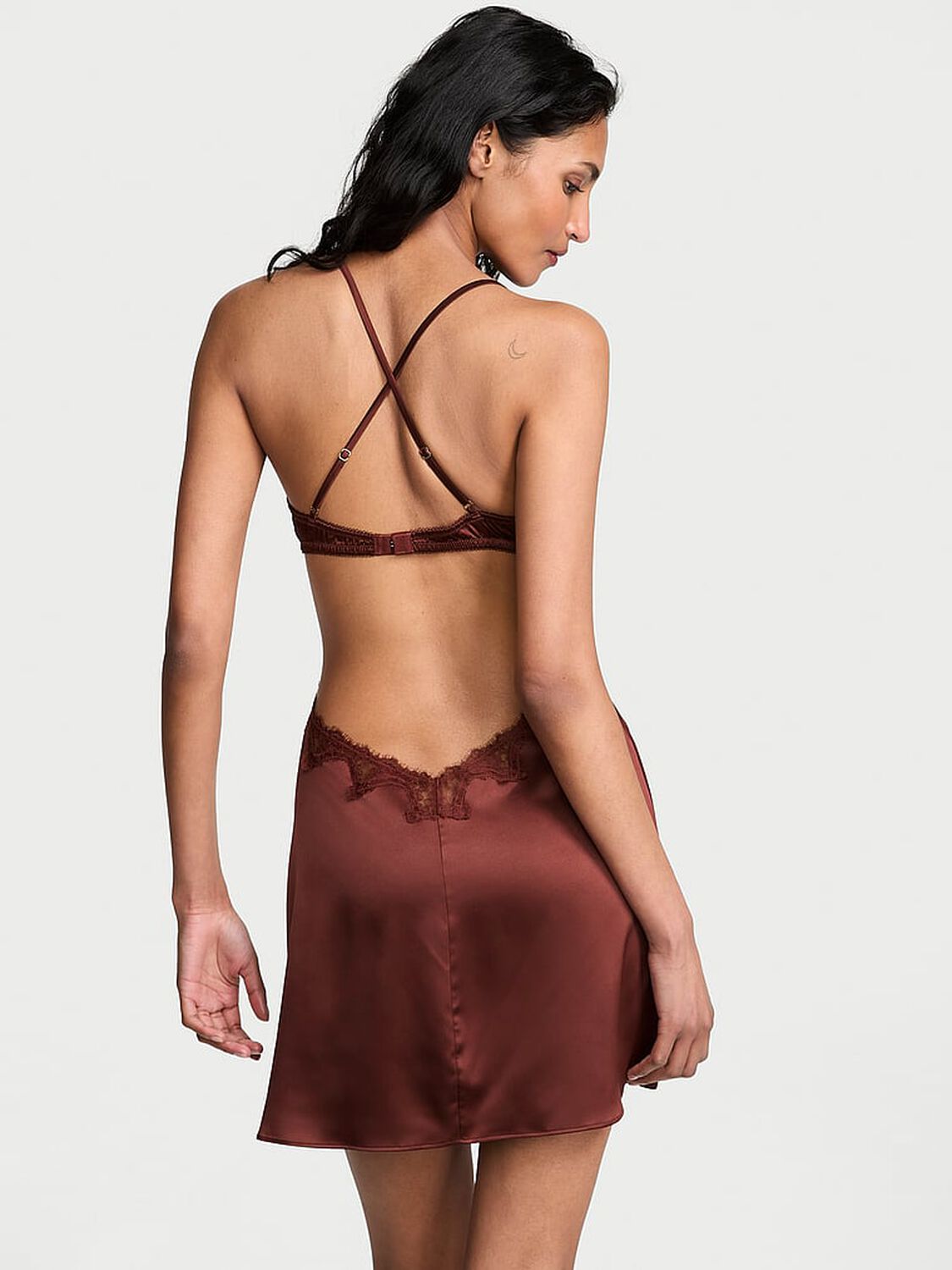 vs Very Sexy Satin Rose Lace-Trim Cut-Out Mini Slip Dress Dark Chili 2 of 4 