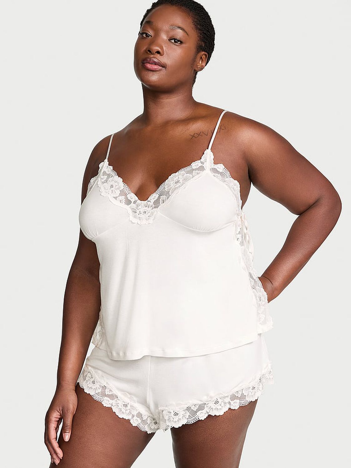 vs Victoria's Secret Ribbed Modal & Lace Cami Shorts Set Coconut White 1 of 3 