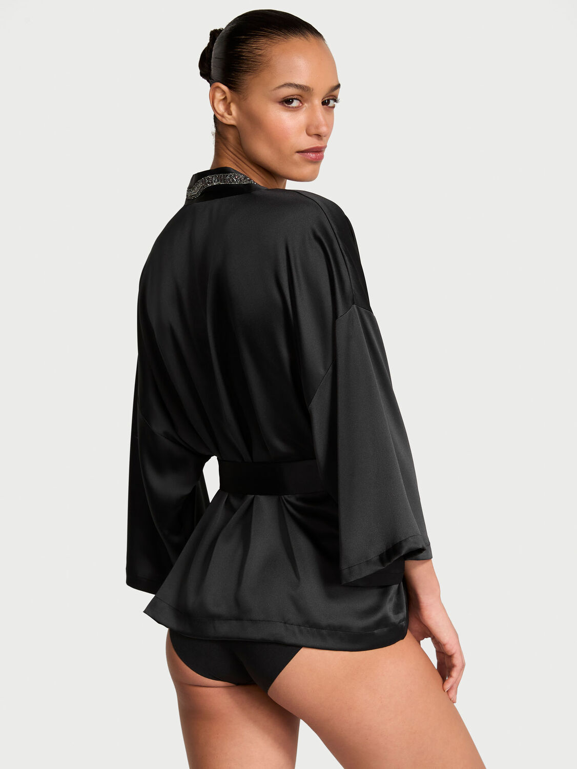 vs Victoria's Secret Red Rose Satin Bed Jacket Black 2 of 4 