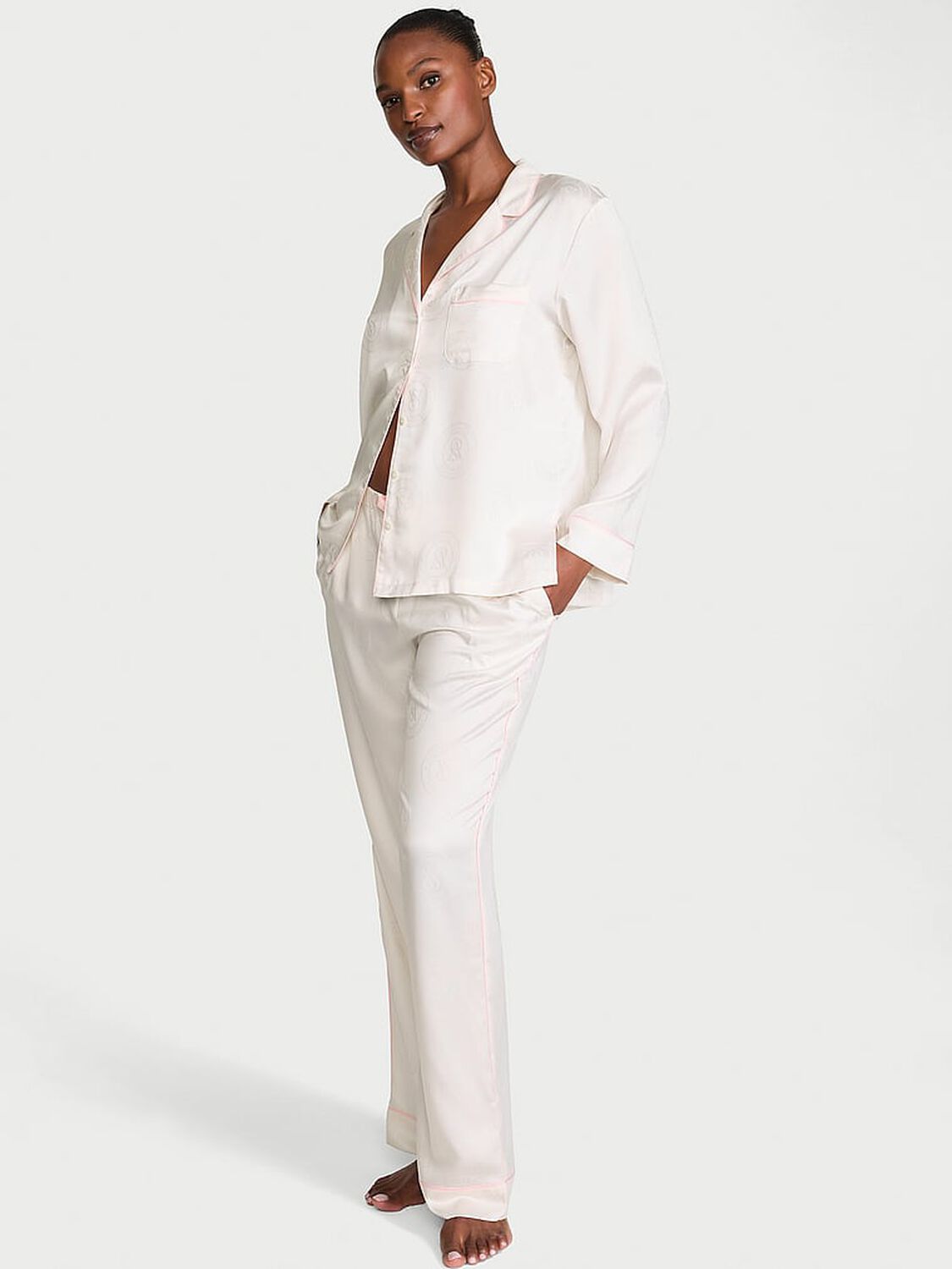 vs Victoria's Secret Glazed Satin Long Pajama Set Coconut White 1 of 2 