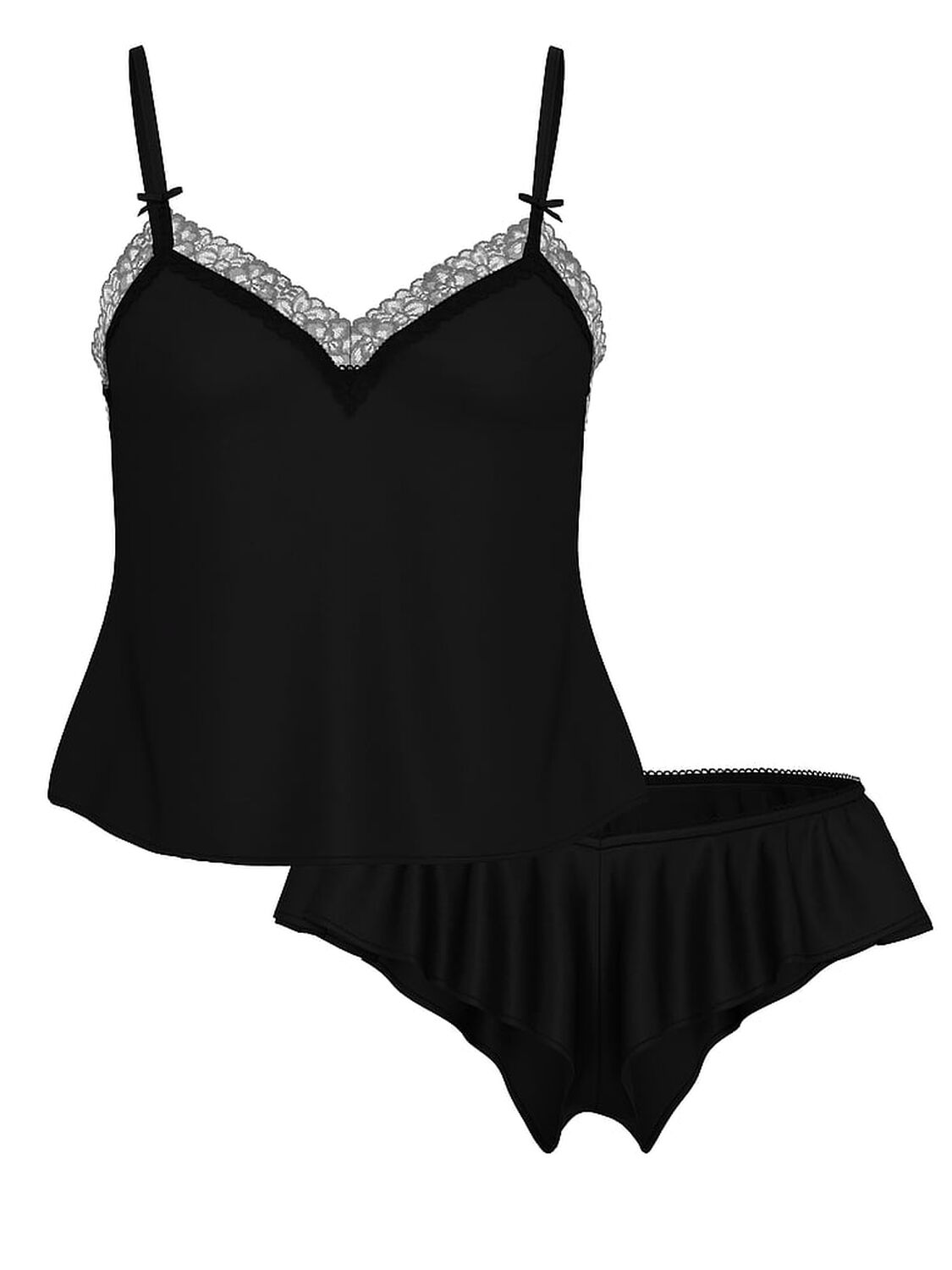 vs Victoria's Secret Tease Satin Lace-Trim Cami & Flutter Shorts Set Black 3 of 3 