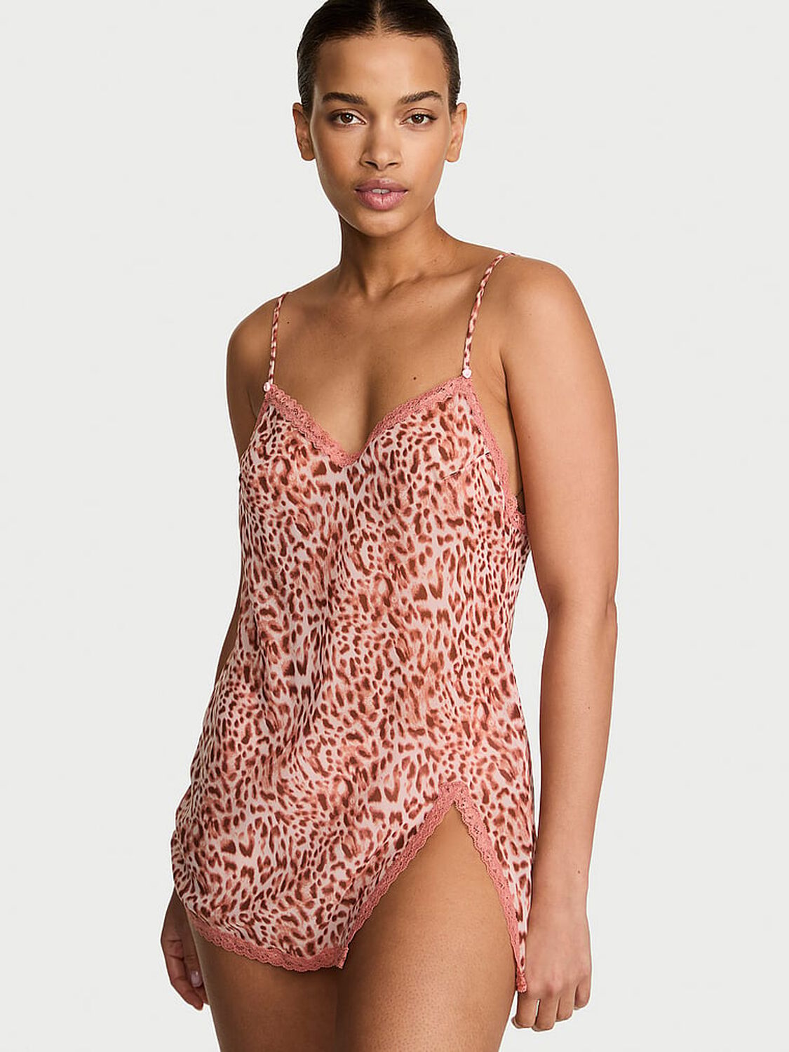vs Dream Angels Chiffon Lace-Trim Mini Slip Dress Angel Pink Leopard 1 of 3 