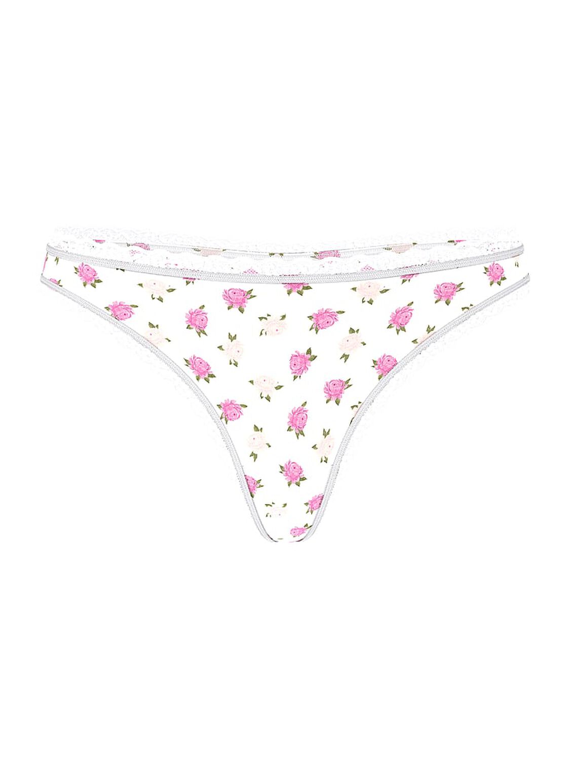 vs The Lacie Stretch Cotton Lace-Waist Thong Panty White & Pink Peonies 3 of 3 